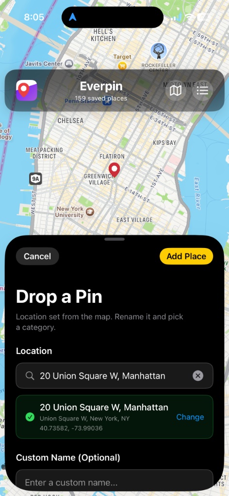 En nål på Union Square, med adressen utfylt